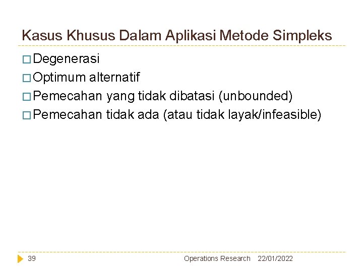 Kasus Khusus Dalam Aplikasi Metode Simpleks � Degenerasi � Optimum alternatif � Pemecahan yang Kasus Khusus Dalam Aplikasi Metode Simpleks � Degenerasi � Optimum alternatif � Pemecahan yang