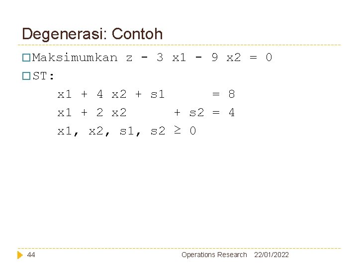 Degenerasi: Contoh � Maksimumkan z - 3 x 1 - 9 x 2 = Degenerasi: Contoh � Maksimumkan z - 3 x 1 - 9 x 2 =