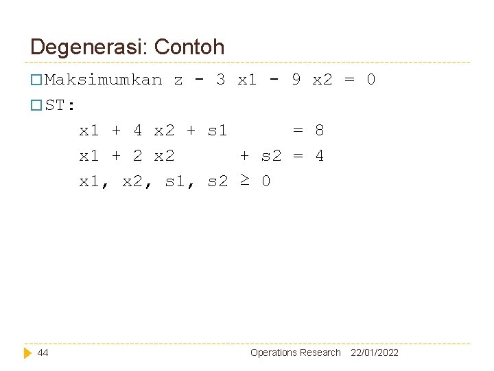 Degenerasi: Contoh � Maksimumkan z - 3 x 1 - 9 x 2 =