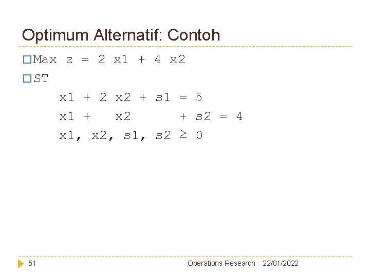 Optimum Alternatif: Contoh � Max z = 2 x 1 + 4 x 2