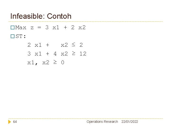 Infeasible: Contoh � Max z = 3 x 1 + 2 x 2 � Infeasible: Contoh � Max z = 3 x 1 + 2 x 2 �