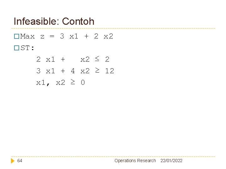 Infeasible: Contoh � Max z = 3 x 1 + 2 x 2 �