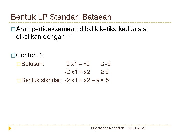 Bentuk LP Standar: Batasan � Arah pertidaksamaan dibalik ketika kedua sisi dikalikan dengan -1 Bentuk LP Standar: Batasan � Arah pertidaksamaan dibalik ketika kedua sisi dikalikan dengan -1