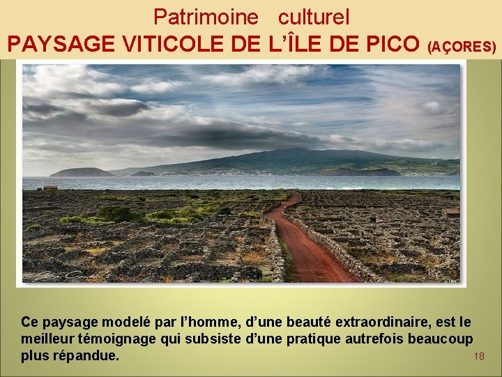 Patrimoine culturel PAYSAGE VITICOLE DE L’ÎLE DE PICO (AÇORES) Ce paysage modelé par l’homme,