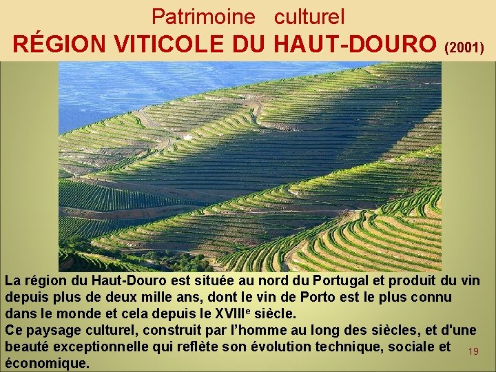 Patrimoine culturel RÉGION VITICOLE DU HAUT-DOURO (2001) La région du Haut-Douro est située au