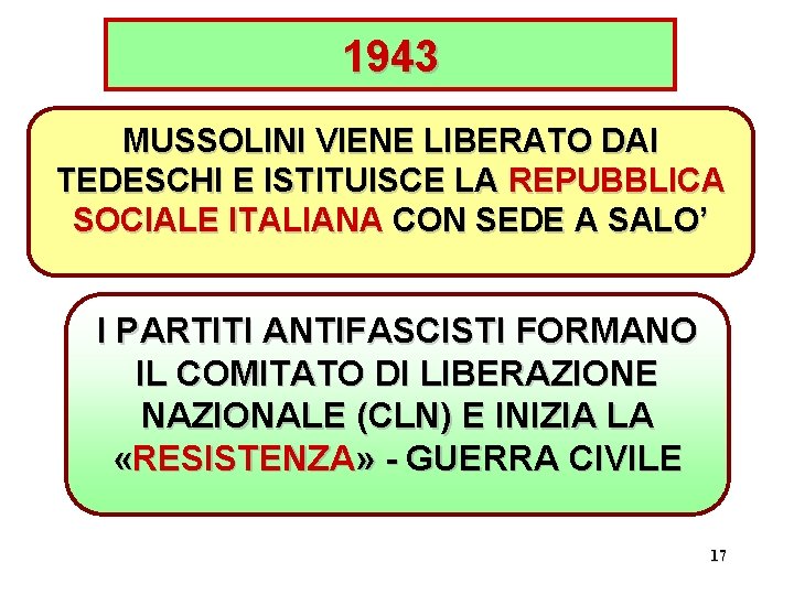 1943 MUSSOLINI VIENE LIBERATO DAI TEDESCHI E ISTITUISCE LA REPUBBLICA SOCIALE ITALIANA CON SEDE