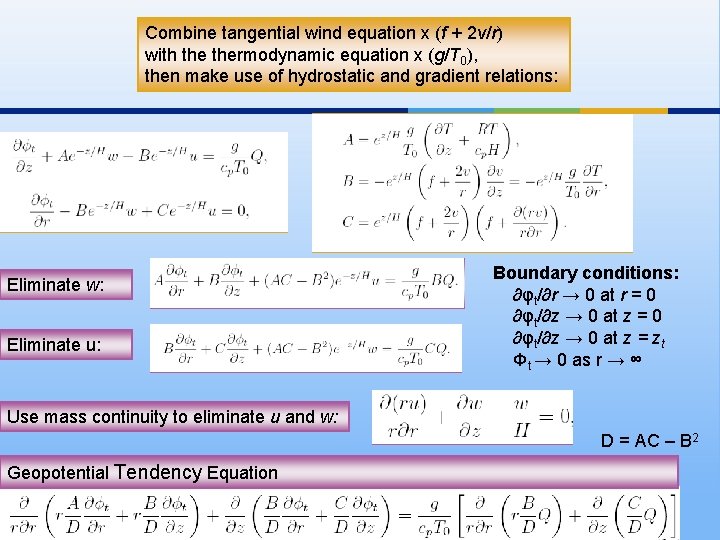 Combine tangential wind equation x (f + 2 v/r) with thermodynamic equation x (g/T