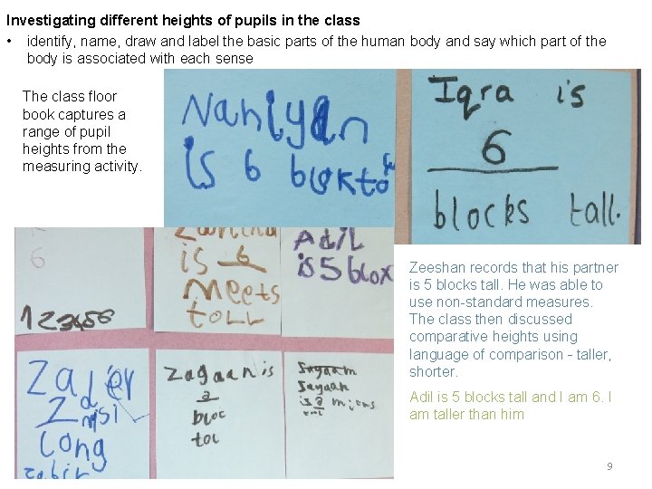 Investigating different heights of pupils in the class • identify, name, draw and label