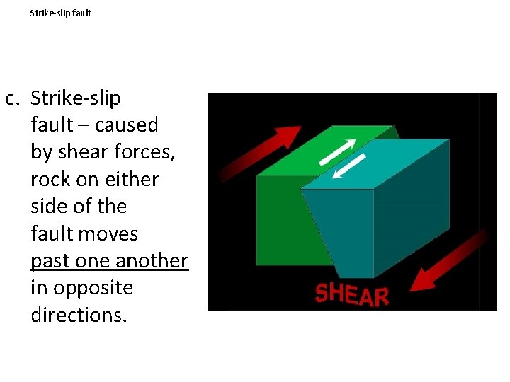 Strike-slip fault c. Strike-slip fault – caused by shear forces, rock on either side