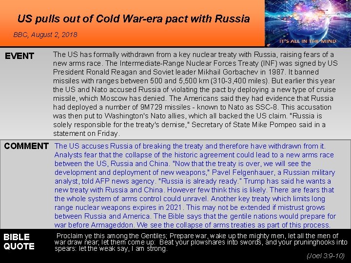 US pulls out of Cold War-era pact with Russia BBC, August 2, 2018 EVENT
