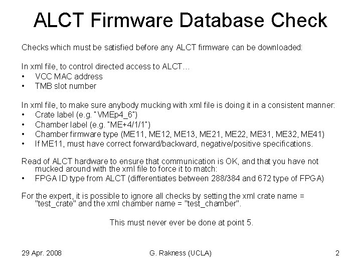 ALCT Firmware Database Checks which must be satisfied before any ALCT firmware can be