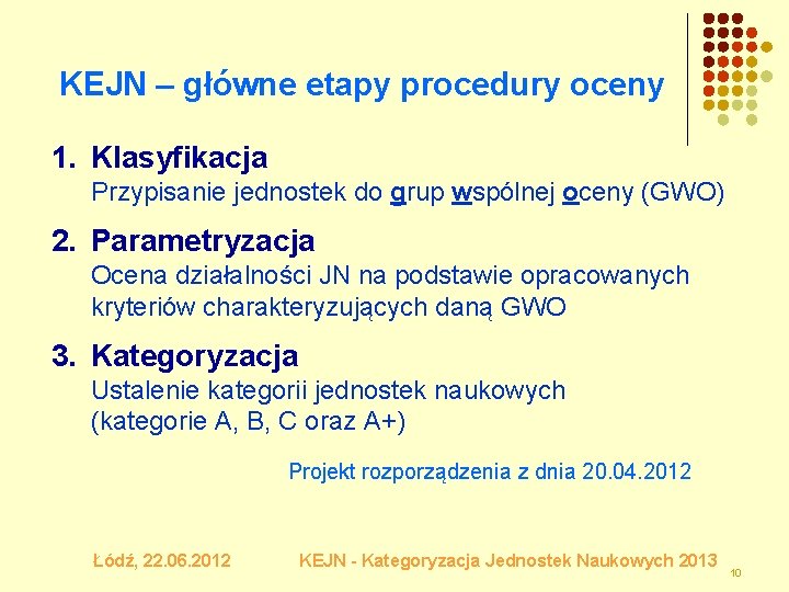 KEJN – główne etapy procedury oceny 1. Klasyfikacja Przypisanie jednostek do grup wspólnej oceny KEJN – główne etapy procedury oceny 1. Klasyfikacja Przypisanie jednostek do grup wspólnej oceny