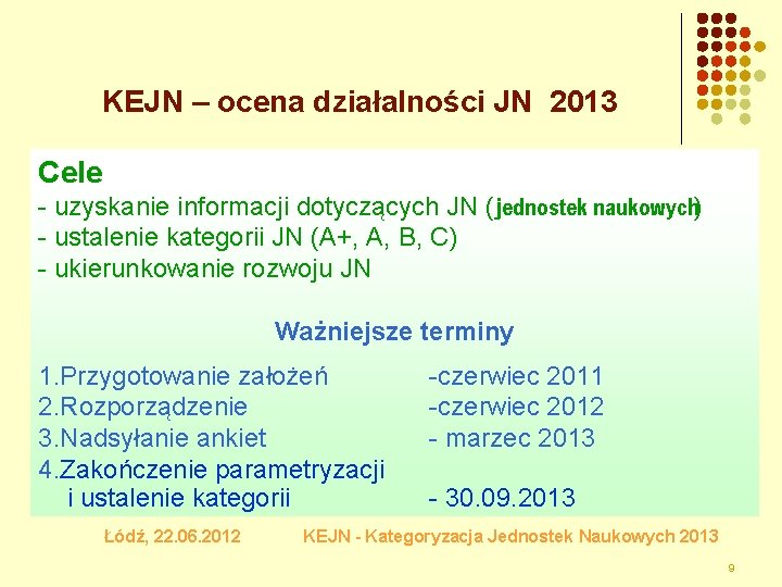 KEJN – ocena działalności JN 2013 Cele - uzyskanie informacji dotyczących JN (jednostek naukowych) KEJN – ocena działalności JN 2013 Cele - uzyskanie informacji dotyczących JN (jednostek naukowych)
