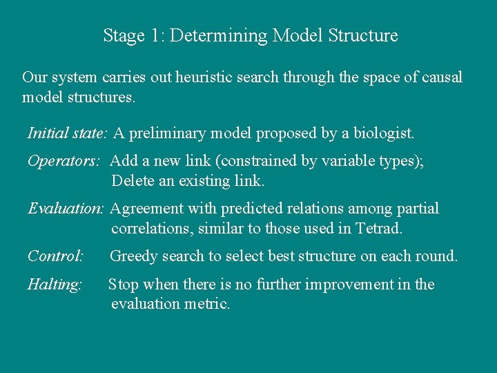 Stage 1: Determining Model Structure Our system carries out heuristic search through the space Stage 1: Determining Model Structure Our system carries out heuristic search through the space
