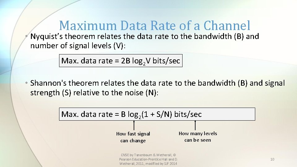 Maximum Data Rate of a Channel • Nyquist’s theorem relates the data rate to