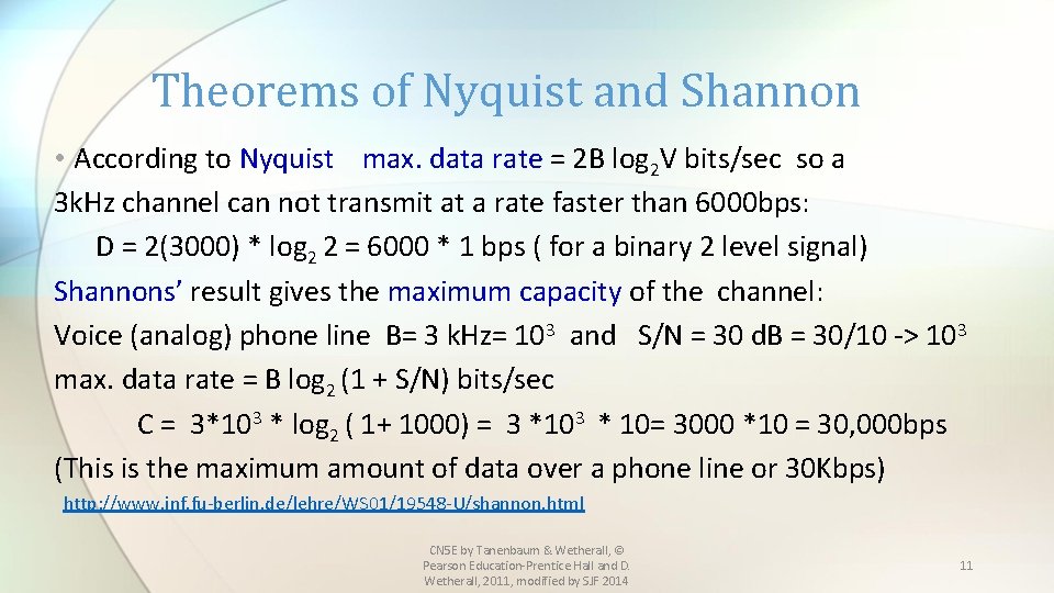 Theorems of Nyquist and Shannon • According to Nyquist max. data rate = 2
