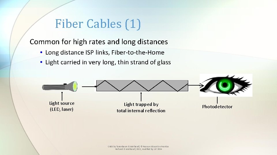 Fiber Cables (1) Common for high rates and long distances • Long distance ISP