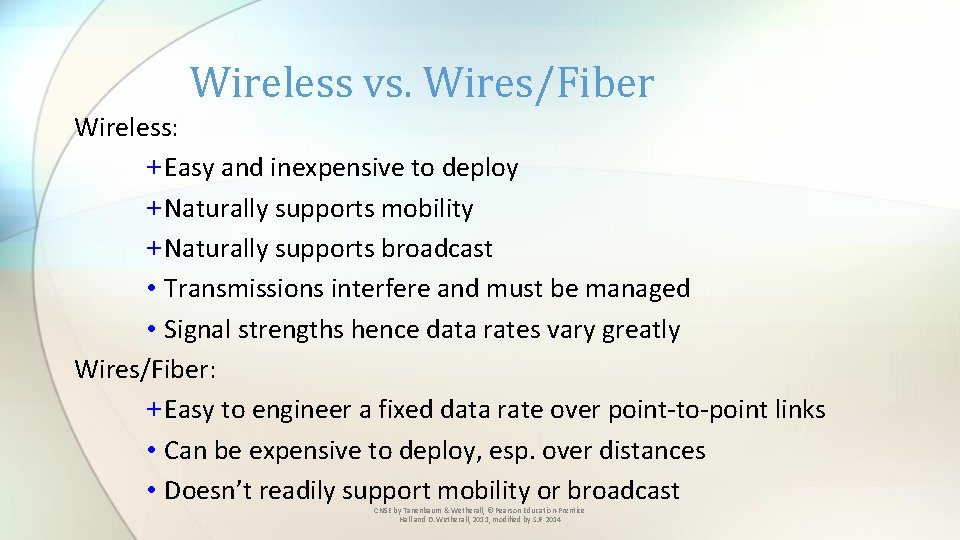 Wireless vs. Wires/Fiber Wireless: + Easy and inexpensive to deploy + Naturally supports mobility