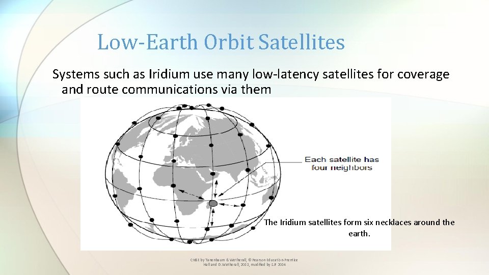 Low-Earth Orbit Satellites Systems such as Iridium use many low-latency satellites for coverage and