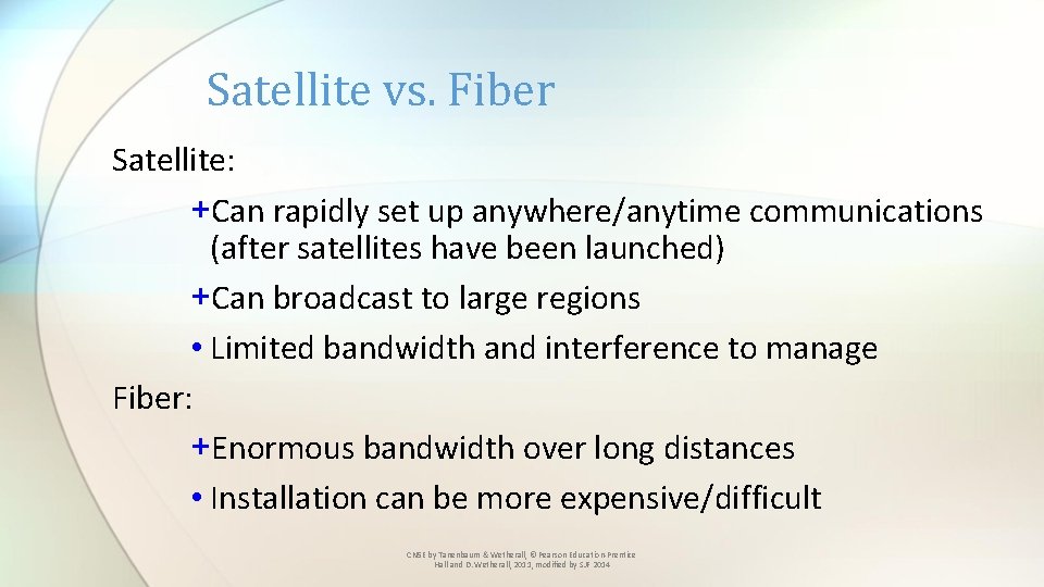 Satellite vs. Fiber Satellite: +Can rapidly set up anywhere/anytime communications (after satellites have been