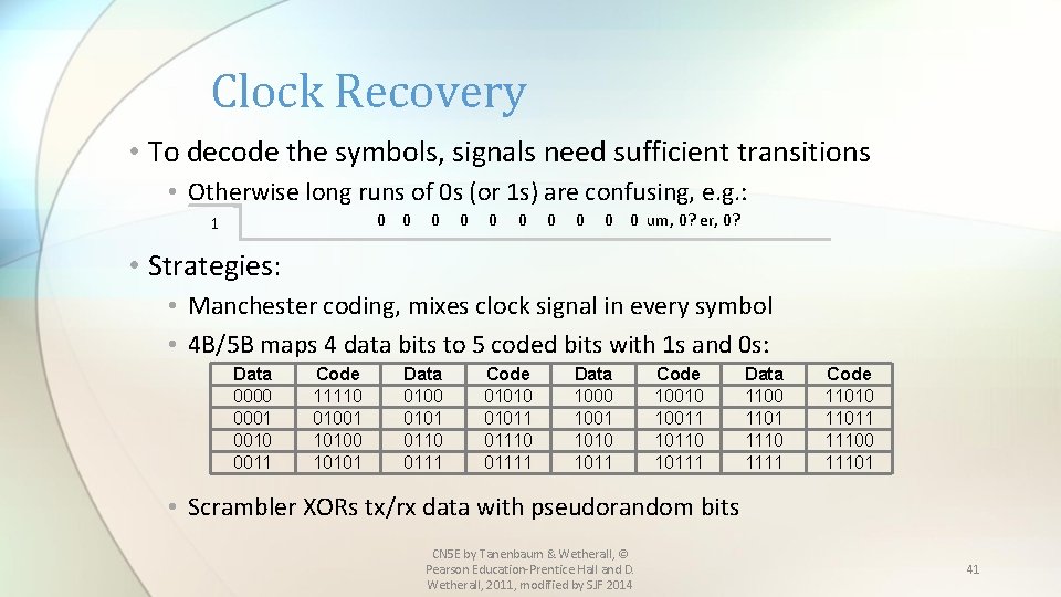 Clock Recovery • To decode the symbols, signals need sufficient transitions • Otherwise long