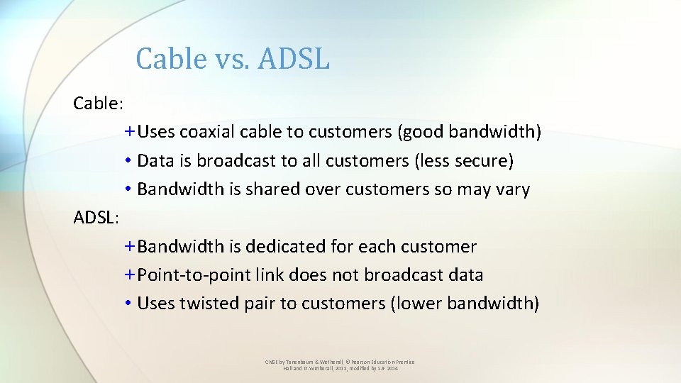 Cable vs. ADSL Cable: + Uses coaxial cable to customers (good bandwidth) • Data