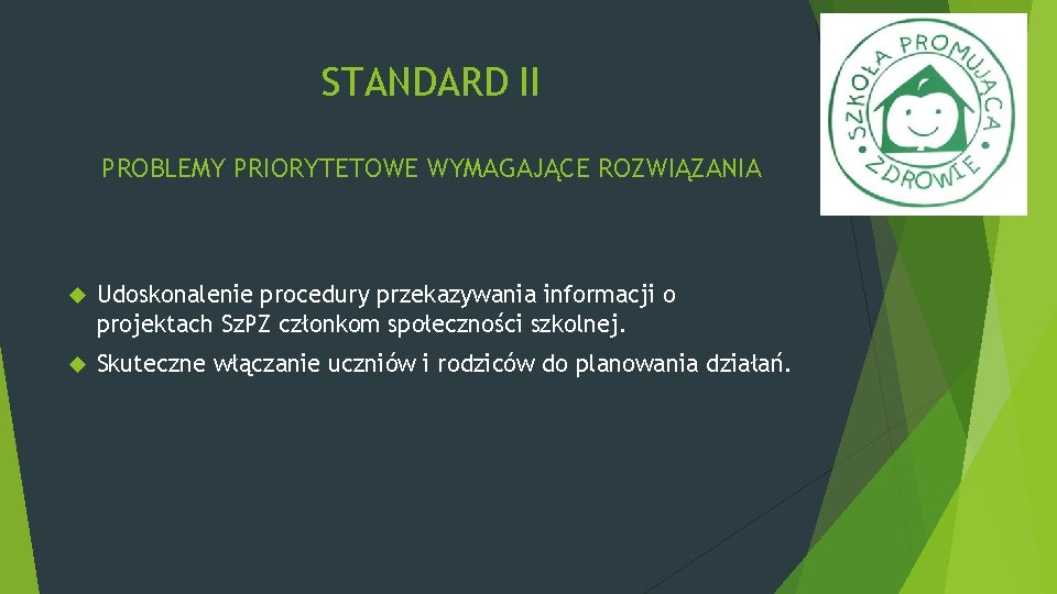 STANDARD II PROBLEMY PRIORYTETOWE WYMAGAJĄCE ROZWIĄZANIA Udoskonalenie procedury przekazywania informacji o projektach Sz. PZ