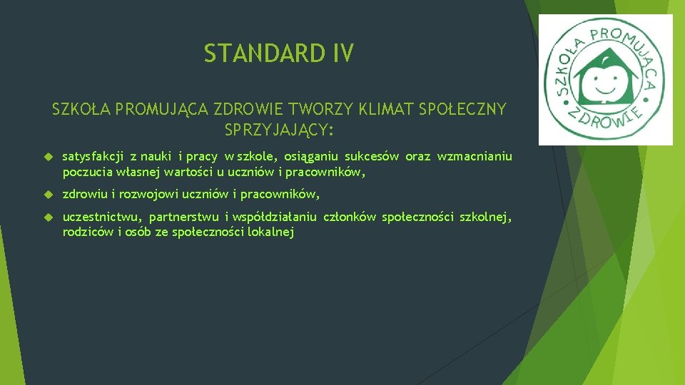 STANDARD IV SZKOŁA PROMUJĄCA ZDROWIE TWORZY KLIMAT SPOŁECZNY SPRZYJAJĄCY: satysfakcji z nauki i pracy