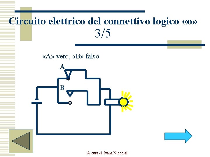 Circuito elettrico del connettivo logico «o» 3/5 «A» vero, «B» falso A B A