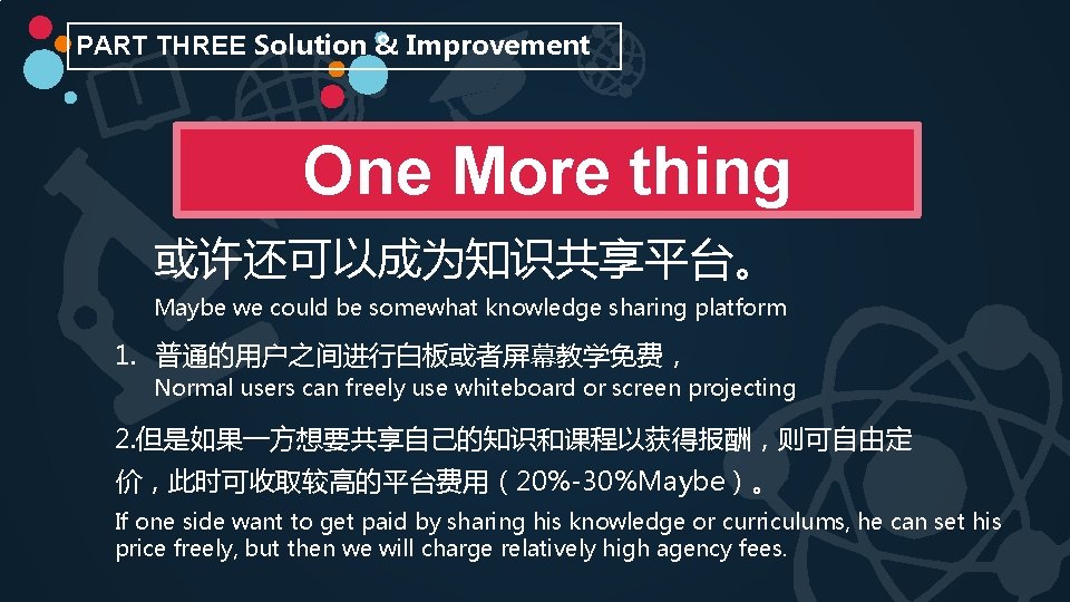 PART THREE Solution & Improvement One More thing 或许还可以成为知识共享平台。 Maybe we could be somewhat