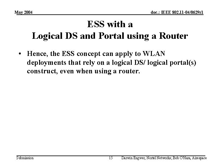 May 2004 doc. : IEEE 802. 11 -04/0629 r 1 ESS with a Logical