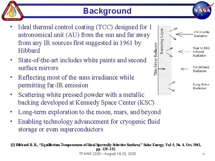Background • Ideal thermal control coating (TCC) designed for 1 astronomical unit (AU) from
