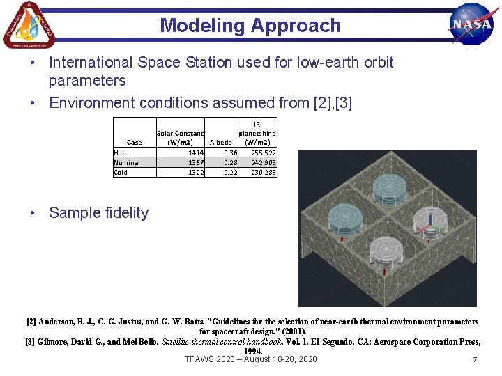 Modeling Approach • International Space Station used for low-earth orbit parameters • Environment conditions