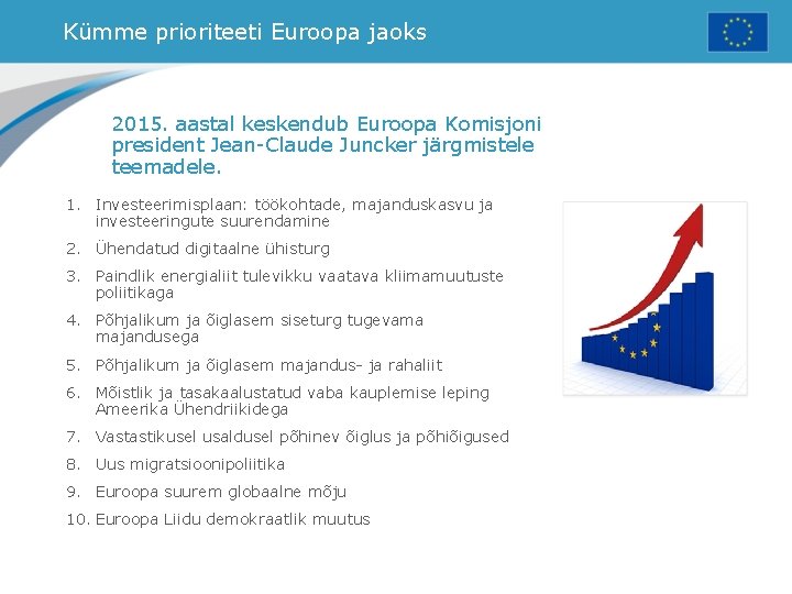 Kümme prioriteeti Euroopa jaoks 2015. aastal keskendub Euroopa Komisjoni president Jean-Claude Juncker järgmistele teemadele.