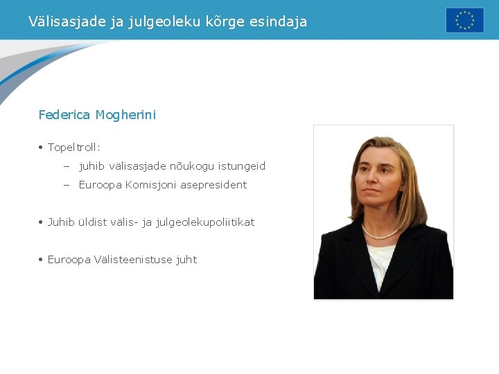 Välisasjade ja julgeoleku kõrge esindaja Federica Mogherini • Topeltroll: – juhib välisasjade nõukogu istungeid