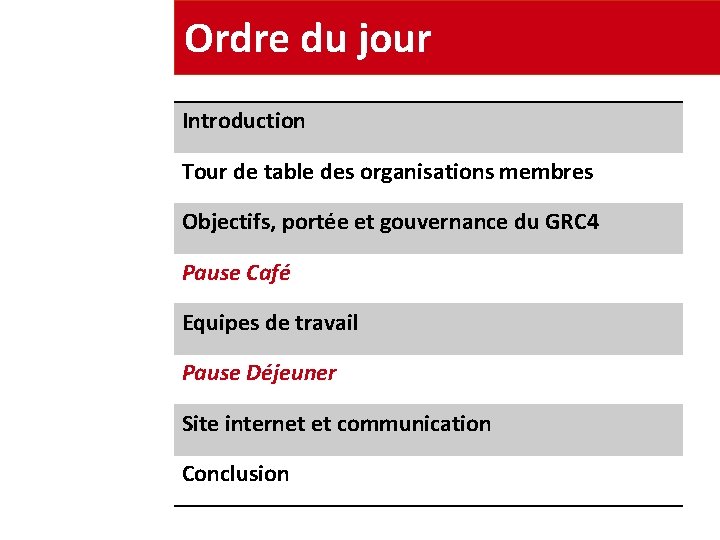 Ordre du jour Introduction Tour de table des organisations membres Objectifs, portée et gouvernance