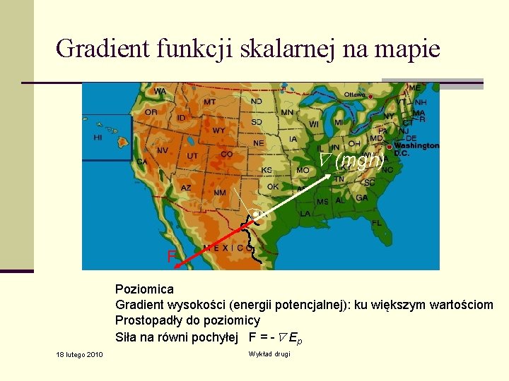Gradient funkcji skalarnej na mapie (mgh) F Poziomica Gradient wysokości (energii potencjalnej): ku większym