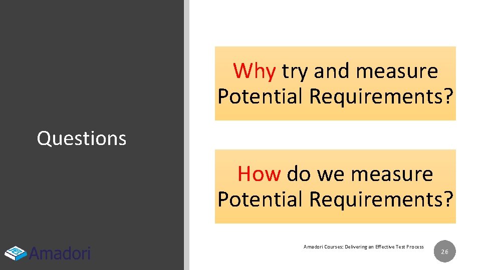 Why try and measure Potential Requirements? Questions How do we measure Potential Requirements? Amadori