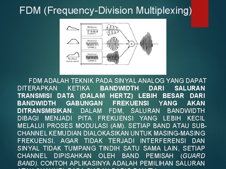 FDM (Frequency-Division Multiplexing) FDM ADALAH TEKNIK PADA SINYAL ANALOG YANG DAPAT DITERAPKAN KETIKA BANDWIDTH