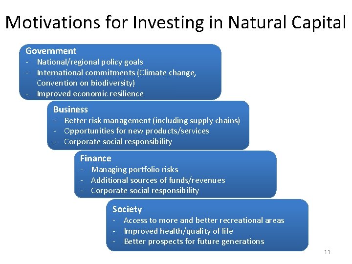 Motivations for Investing in Natural Capital Government - National/regional policy goals - International commitments