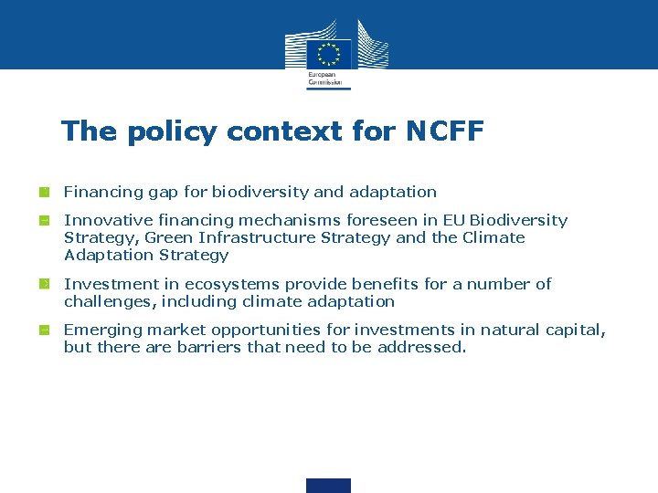 The policy context for NCFF Financing gap for biodiversity and adaptation Innovative financing mechanisms