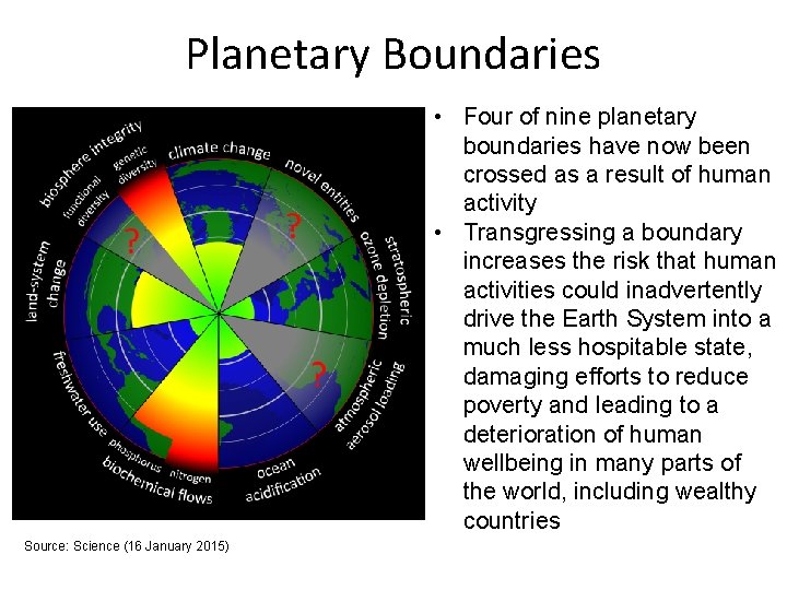 Planetary Boundaries • Four of nine planetary boundaries have now been crossed as a