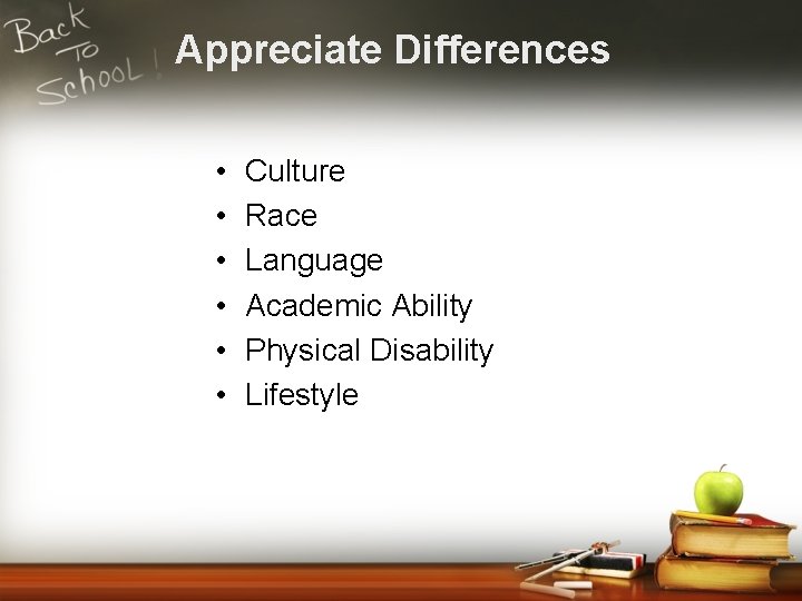 Appreciate Differences • • • Culture Race Language Academic Ability Physical Disability Lifestyle 