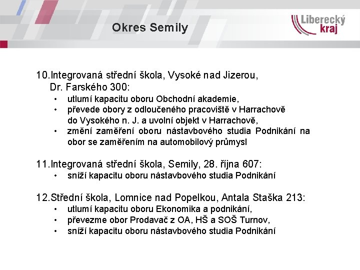 Okres Semily 10. Integrovaná střední škola, Vysoké nad Jizerou, Dr. Farského 300: • •