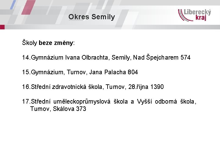 Okres Semily Školy beze změny: 14. Gymnázium Ivana Olbrachta, Semily, Nad Špejcharem 574 15.