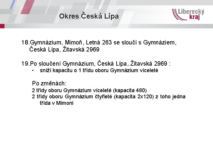 Okres Česká Lípa 18. Gymnázium, Mimoň, Letná 263 se sloučí s Gymnáziem, Česká Lípa,