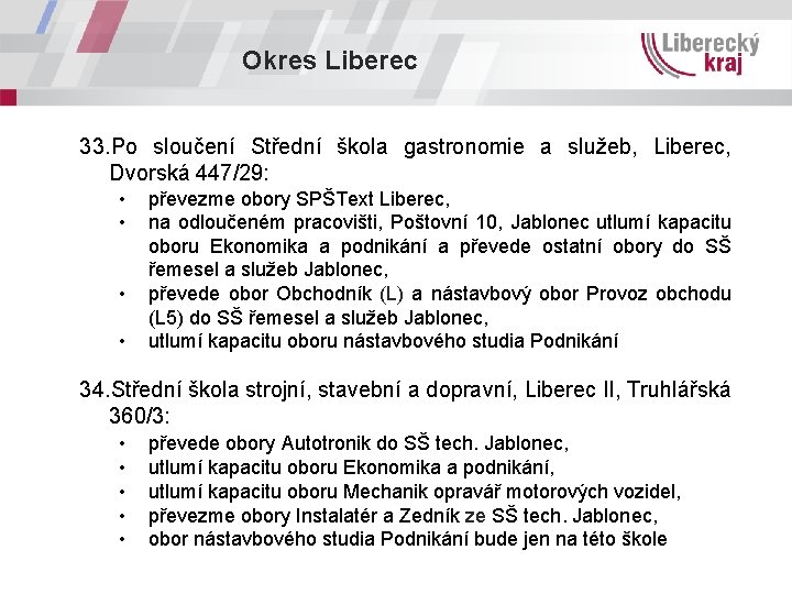 Okres Liberec 33. Po sloučení Střední škola gastronomie a služeb, Liberec, Dvorská 447/29: •