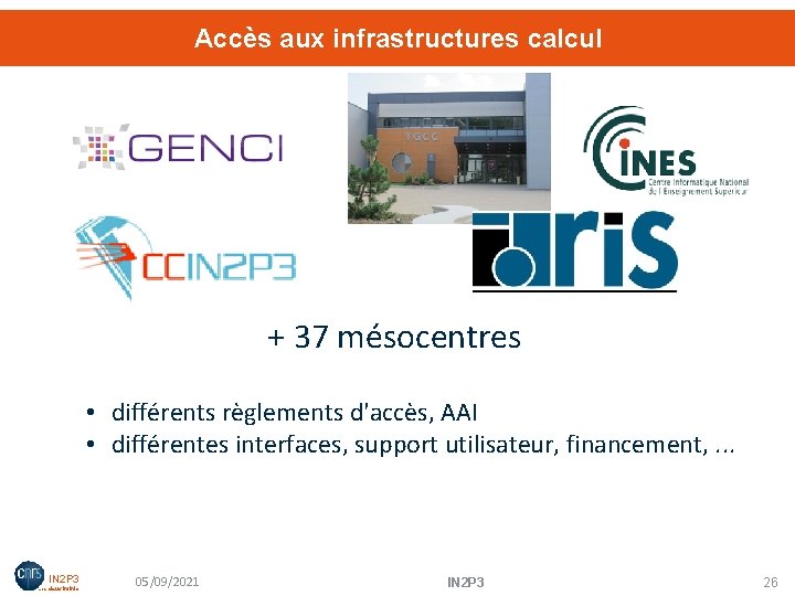 Accès aux infrastructures calcul + 37 mésocentres • différents règlements d'accès, AAI • différentes
