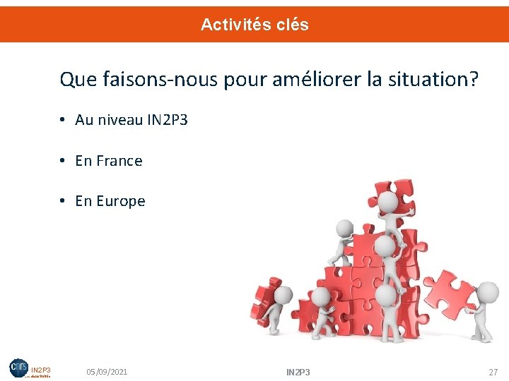 Activités clés Que faisons-nous pour améliorer la situation? • Au niveau IN 2 P