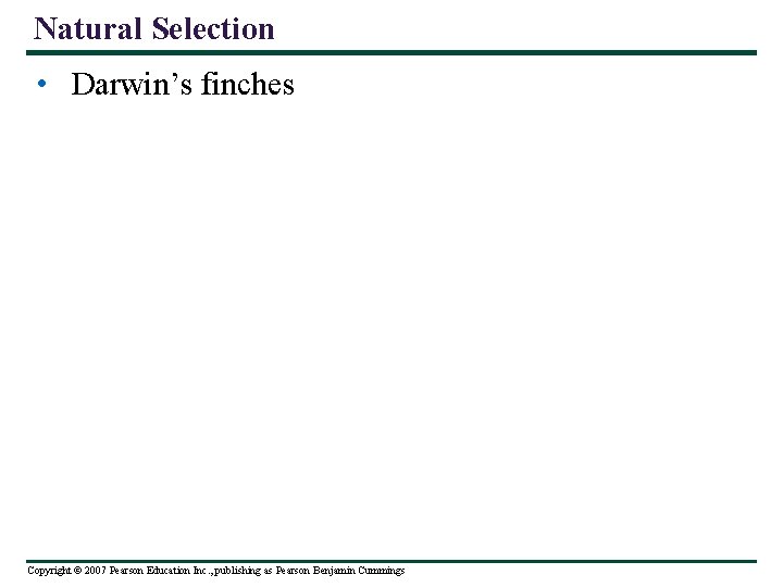 Natural Selection • Darwin’s finches Copyright © 2007 Pearson Education Inc. , publishing as